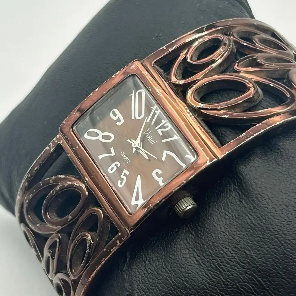Vivani Women's Rose Gold Tone Wide Cuff Bangle Watch Working New Battery